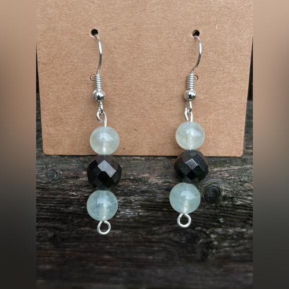 Prehnite & Faceted Jet Earrings Crystal Handmade Jewelry - Picture 4 of 5